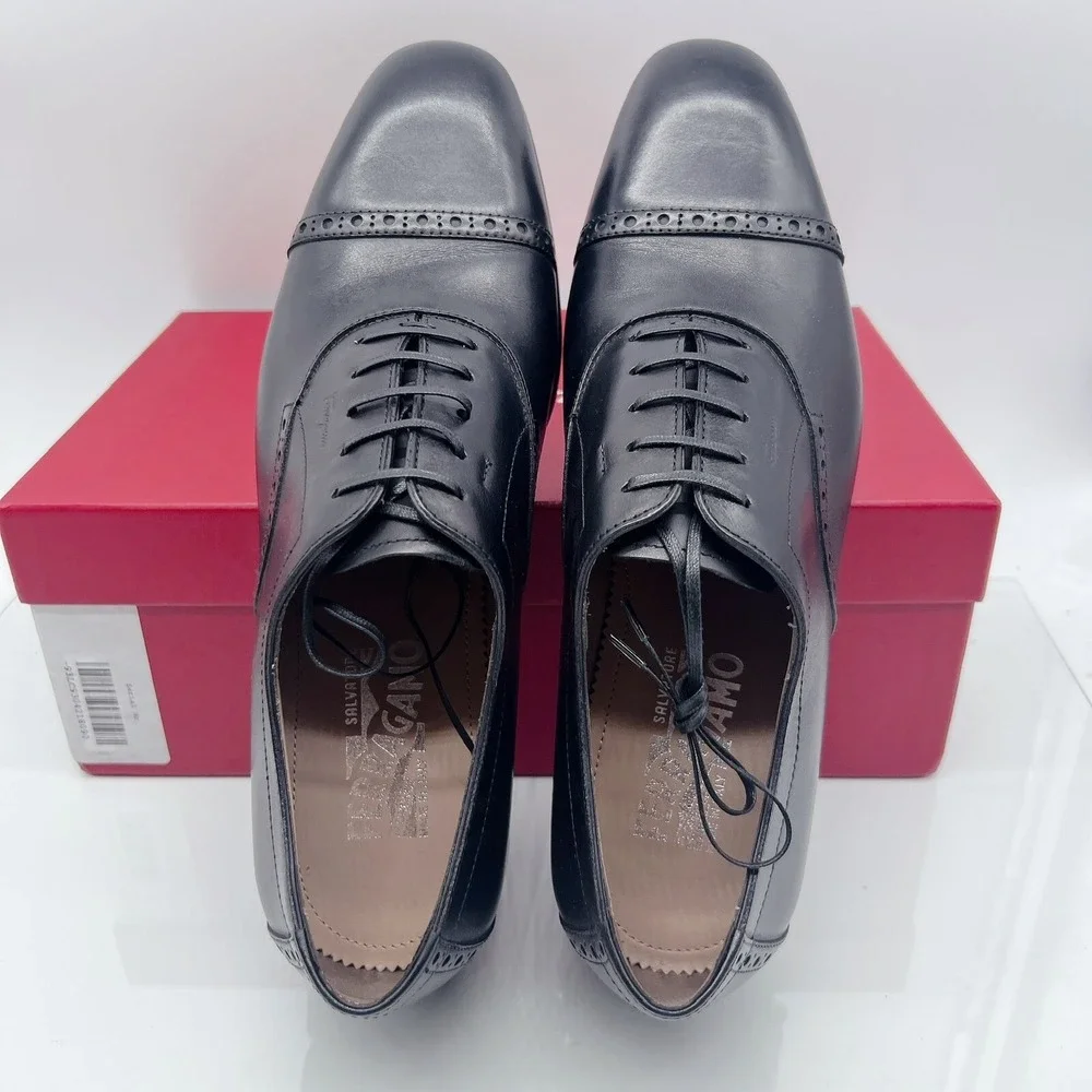 Salvatore Ferragamo Riley Men Dress Shoes Lace Up Oxfords Black Leather US 7 EE